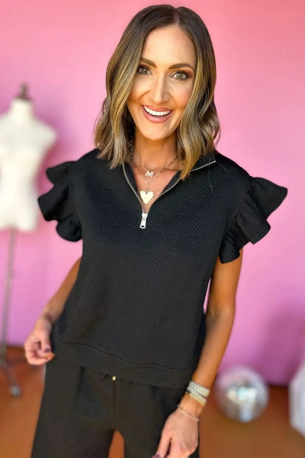 Black Textured Flutter Sleeve Top Wide Leg Pants Set - Love Salve